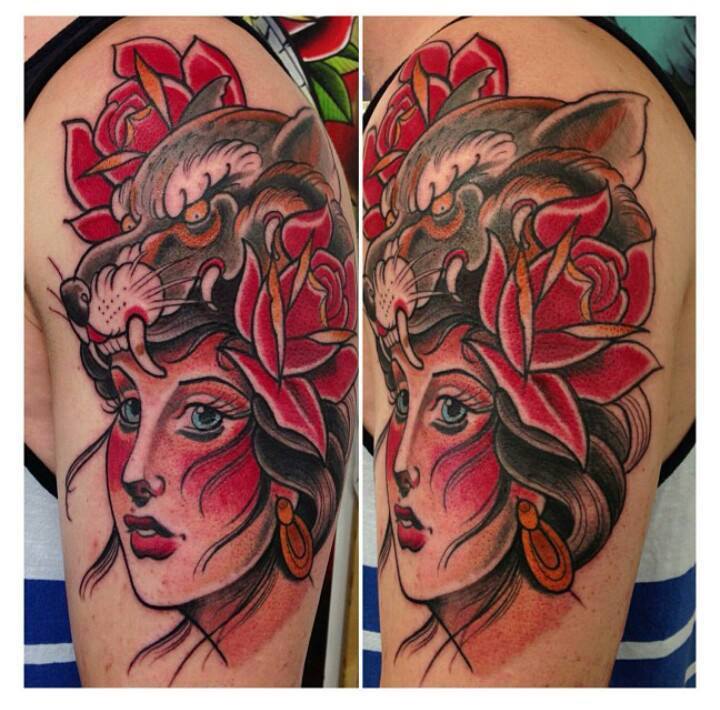 Wolf Head Women Face With Roses Tattoo On Left Half Sleeve By Joel P Blake