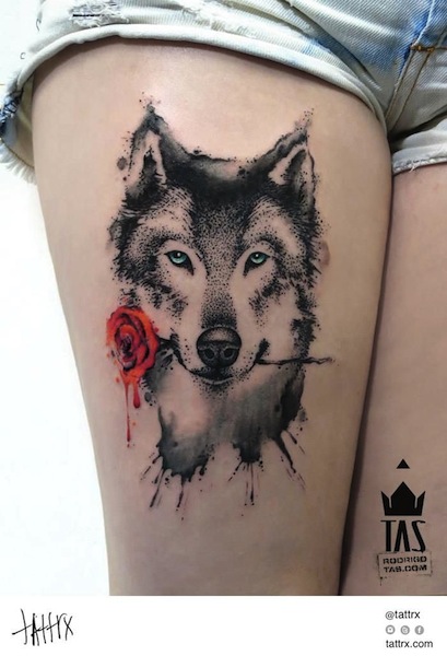 Wolf With Rose Tattoo On Thigh by Rodrigo Tas
