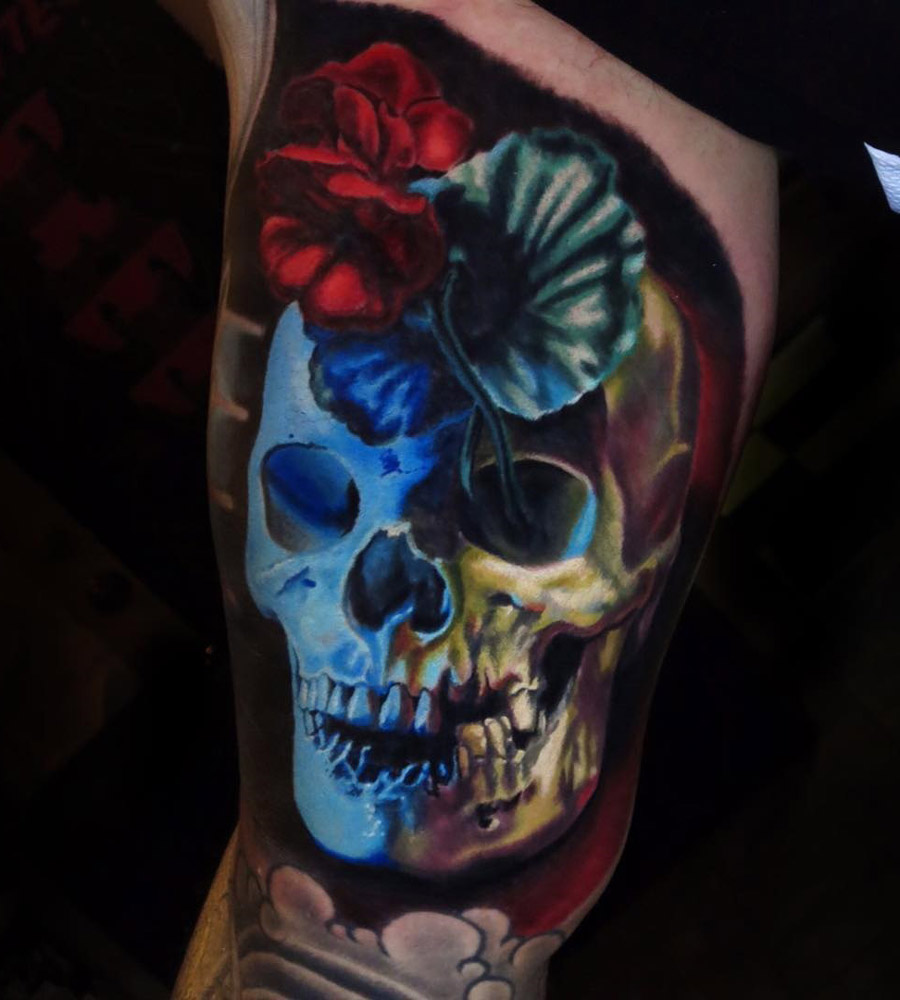 Wonderful 3D Skull With Flowers Tattoo Design For Bicep