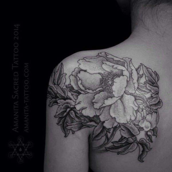 Wonderful Black And Grey Peony Flowers Tattoo On Women Left Shoulder