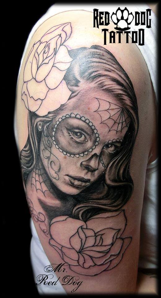 Wonderful Black And Grey Women Face With Roses Tattoo On Right Half Sleeve