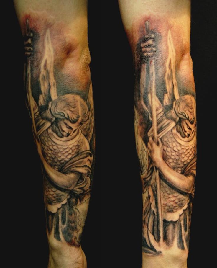 Wonderful Black Ink Archangel Michael Tattoo On Forearm