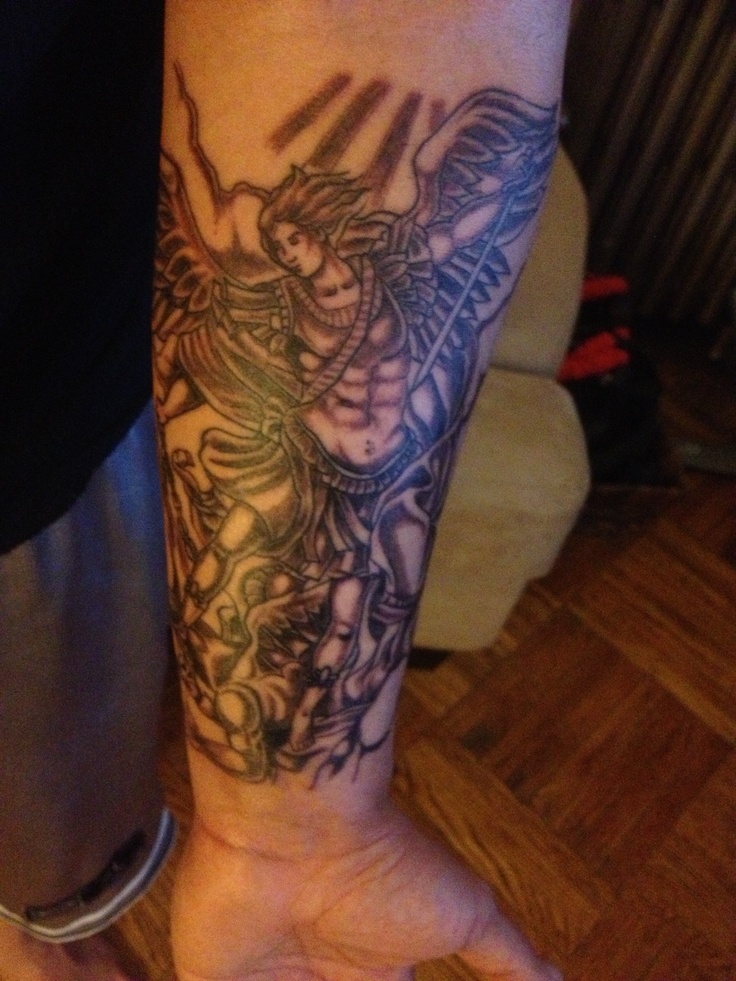 Wonderful Black Ink Archangel Michael Tattoo On Left Forearm