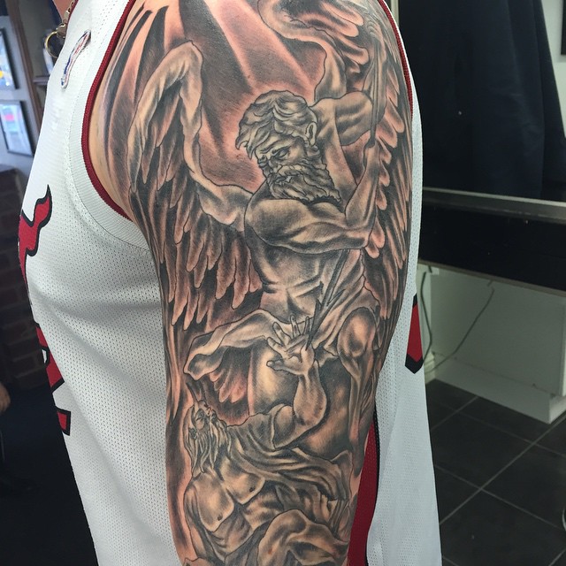 Wonderful Black Ink Archangel Michael Tattoo On Man Left Half Sleeve