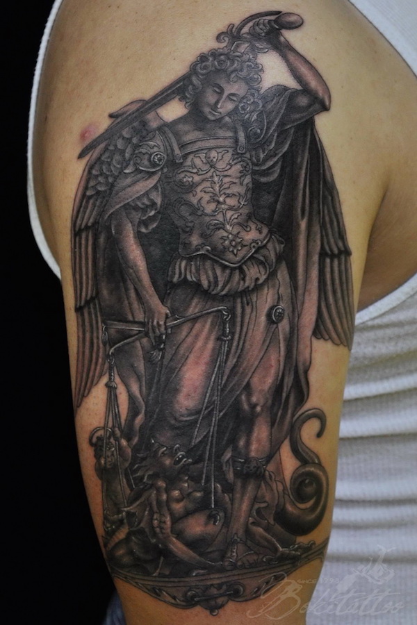 Wonderful Black Ink Archangel Michael Tattoo On Man Right Half Sleeve