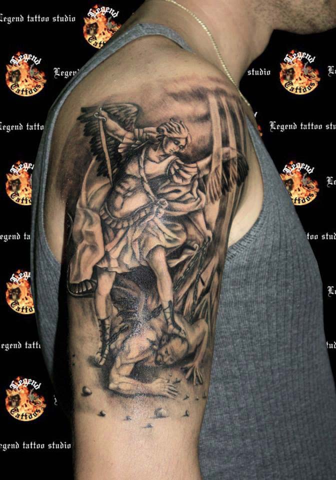Wonderful Black Ink Archangel Michael Tattoo On Man Right Half Sleeve