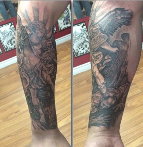 Wonderful Black Ink Archangel Michael Tattoo On Right Forearm