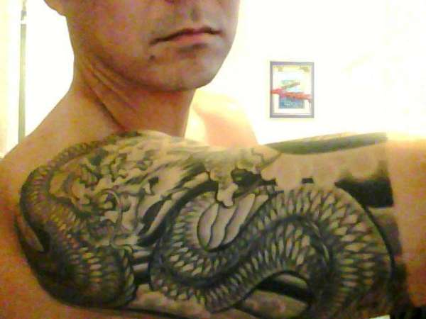 Wonderful Black Ink Dragon Tattoo On Man Right Half Sleeve