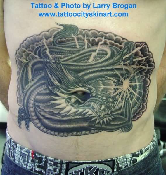 Wonderful Black Ink Dragon Tattoo On Stomach