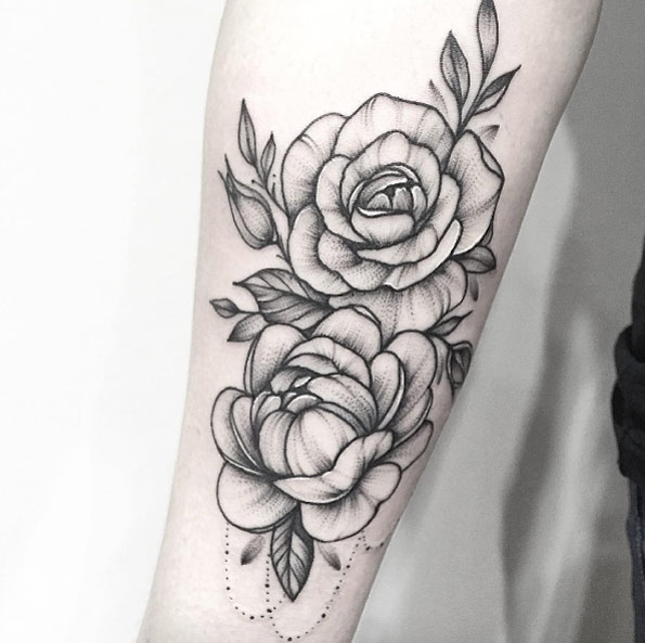 Wonderful Black Ink Peony Flowers Tattoo Design For Forearm By Anna Bravo