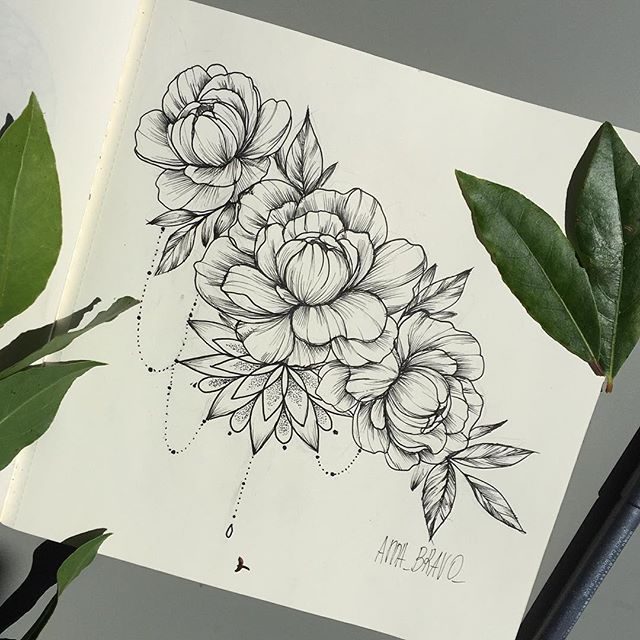 Wonderful Black Ink Peony Flowers Tattoo Design
