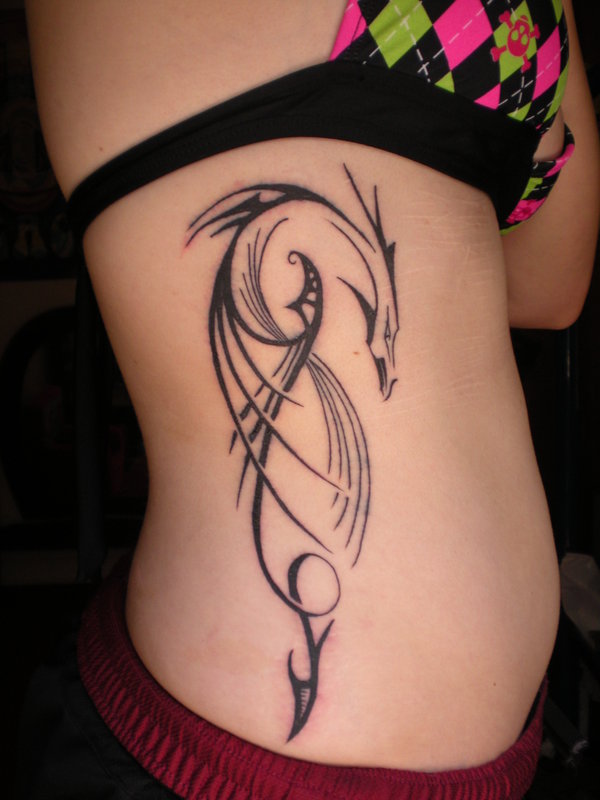 Wonderful Black Tribal Dragon Tattoo On Girl Right Side Rib