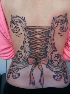 Wonderful Corset With Bow Tattoo On Full Back