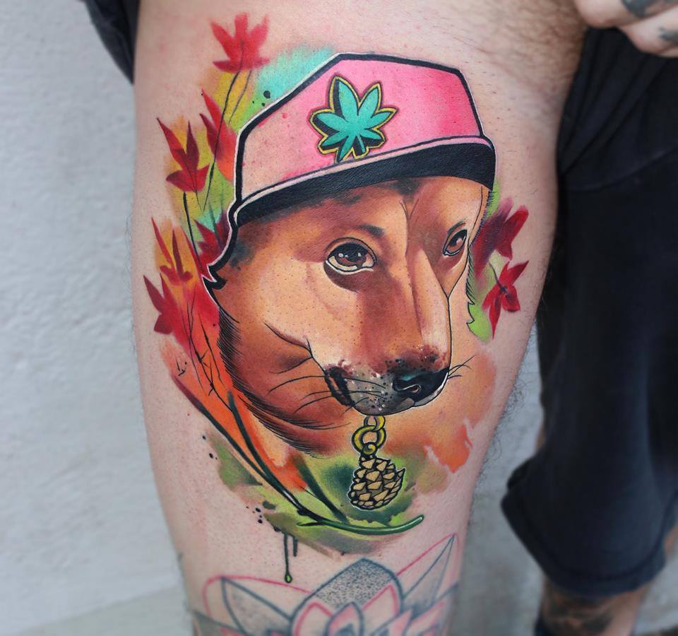 Wonderful Dog Head Tattoo On Thigh By Lehel Nyeste