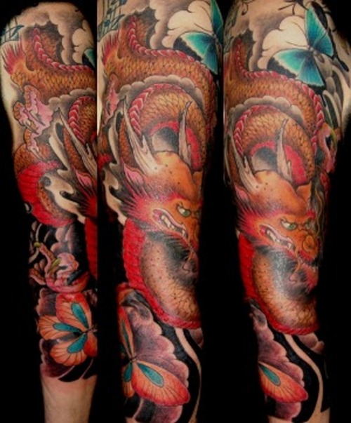 Wonderful Dragon With Butterfly Tattoo Design For Full Sleeve