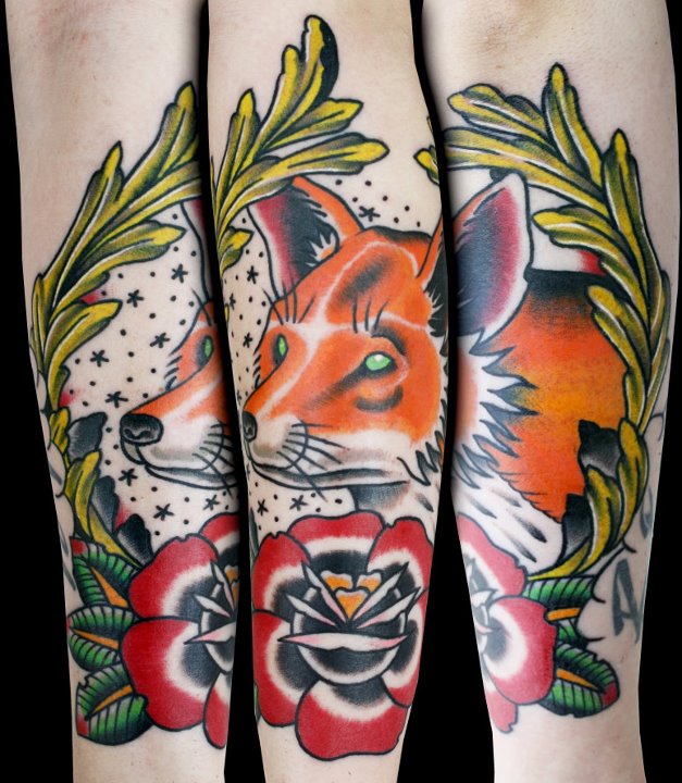 Wonderful Fox Head With Rose Tattoo On Forearm By Myke Chambers