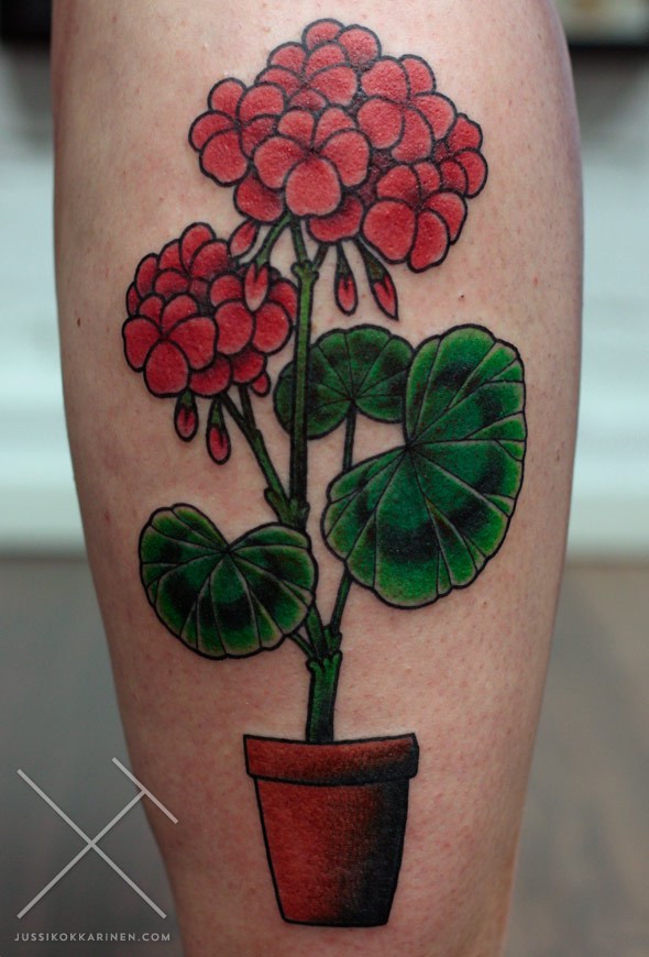 Wonderful Geranium Flowers Tattoo Design For Leg By Jussi Kokkarinen