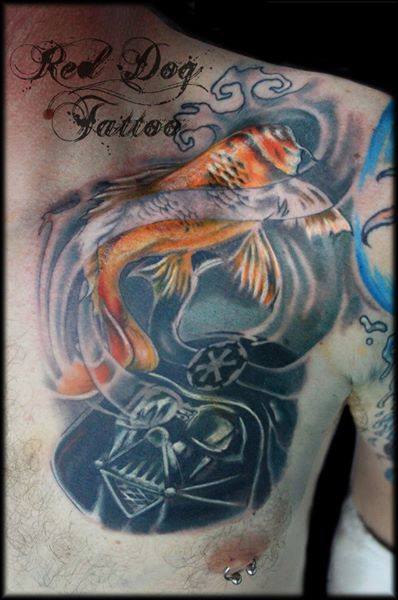 Wonderful Koi Fish Tattoo On Left Front Shoulder