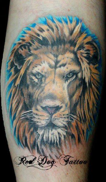 Wonderful Lion Head Tattoo Design For Leg Calf