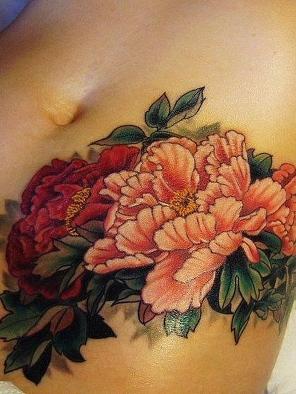Wonderful Peony Flowers Tattoo On Stomach