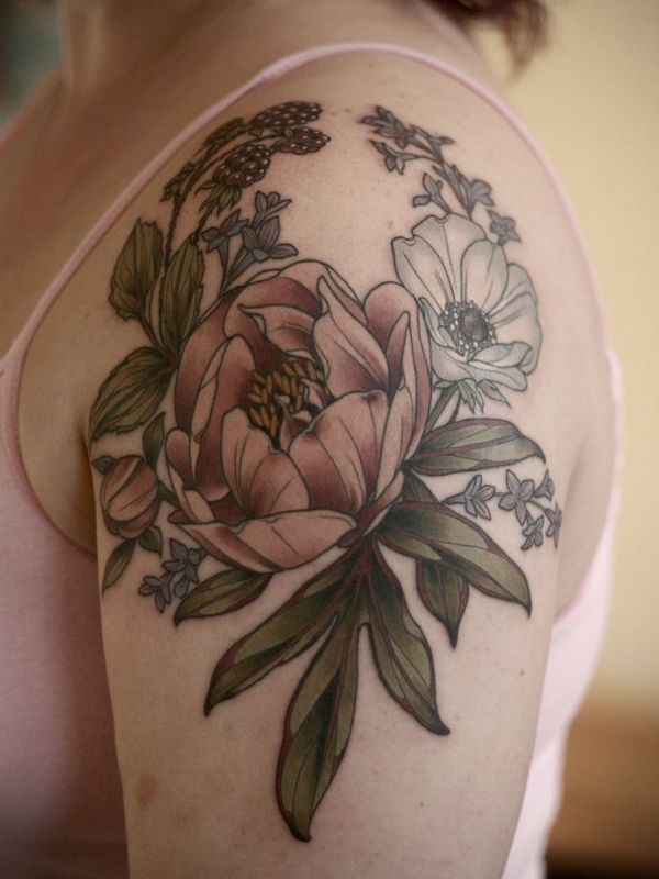 Wonderful Peony Flowers Tattoo On Women Left Shoulder