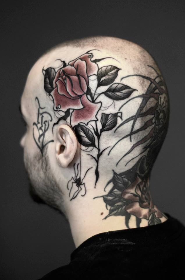 Wonderful Rose Tattoo On Man Head By Marcelina Urbanska