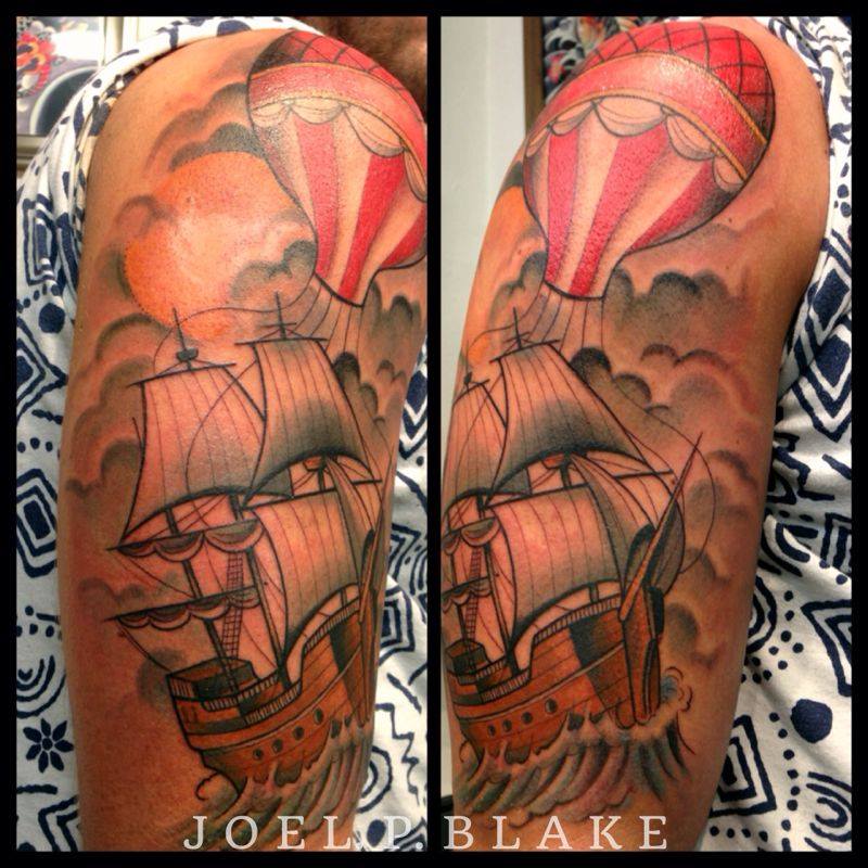 Wonderful Ship With Hot Air Balloon Tattoo On Right Half Sleeve By Joel P Blake
