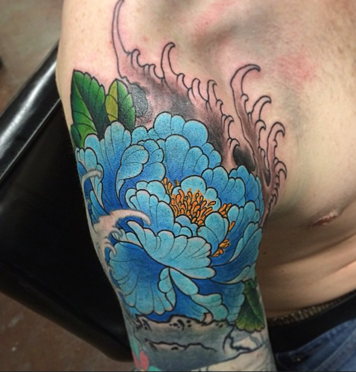 Wonderful Traditional Peony Flower Tattoo On Right Half Sleeve