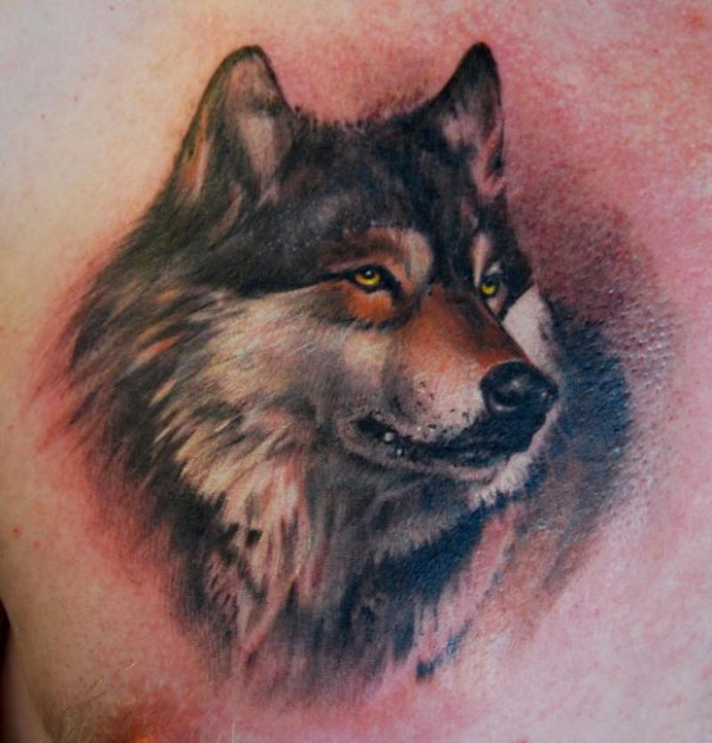 Yellow Eyes Wolf Face Tattoo