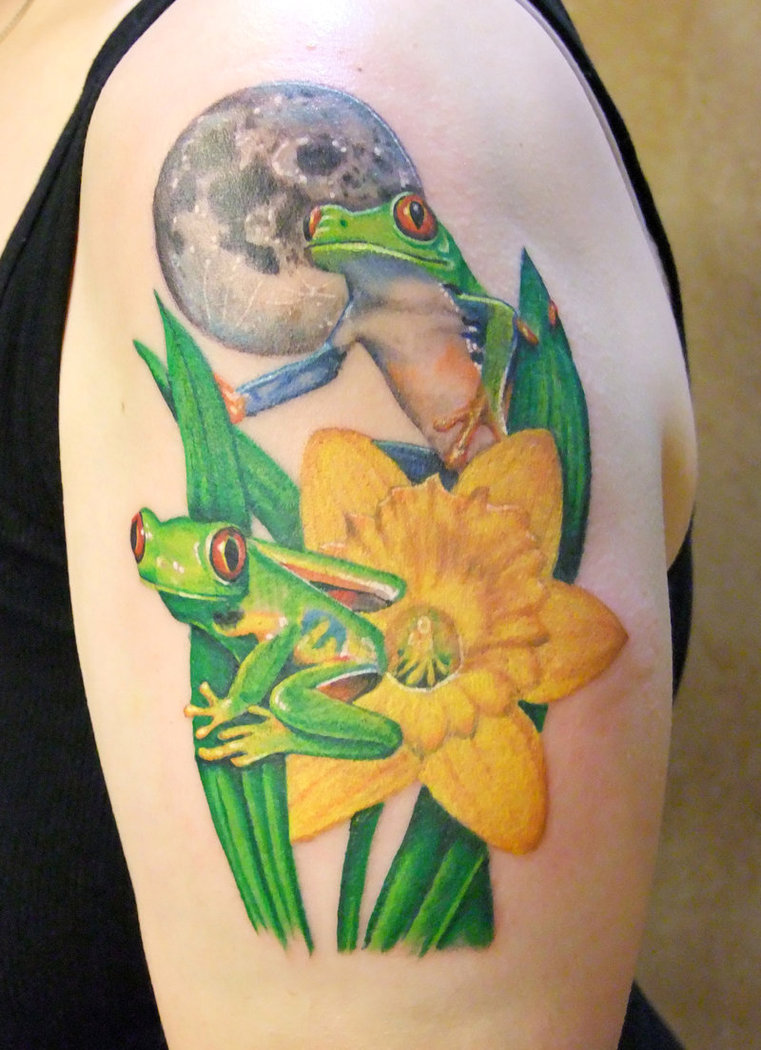 Yellow Flower And Frog Tattoos On Left Shoulder