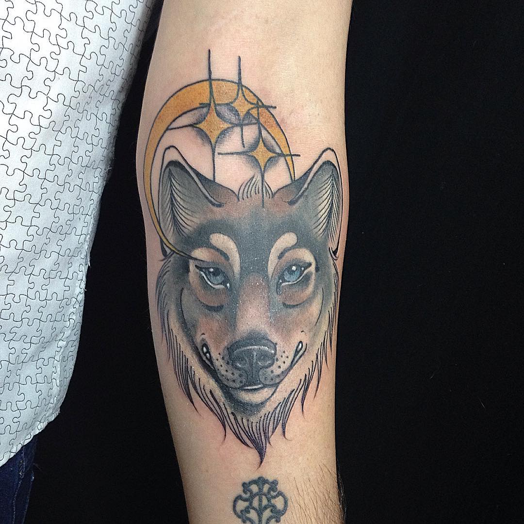 Yellow Moon And Wolf Head Tattoo On Arm