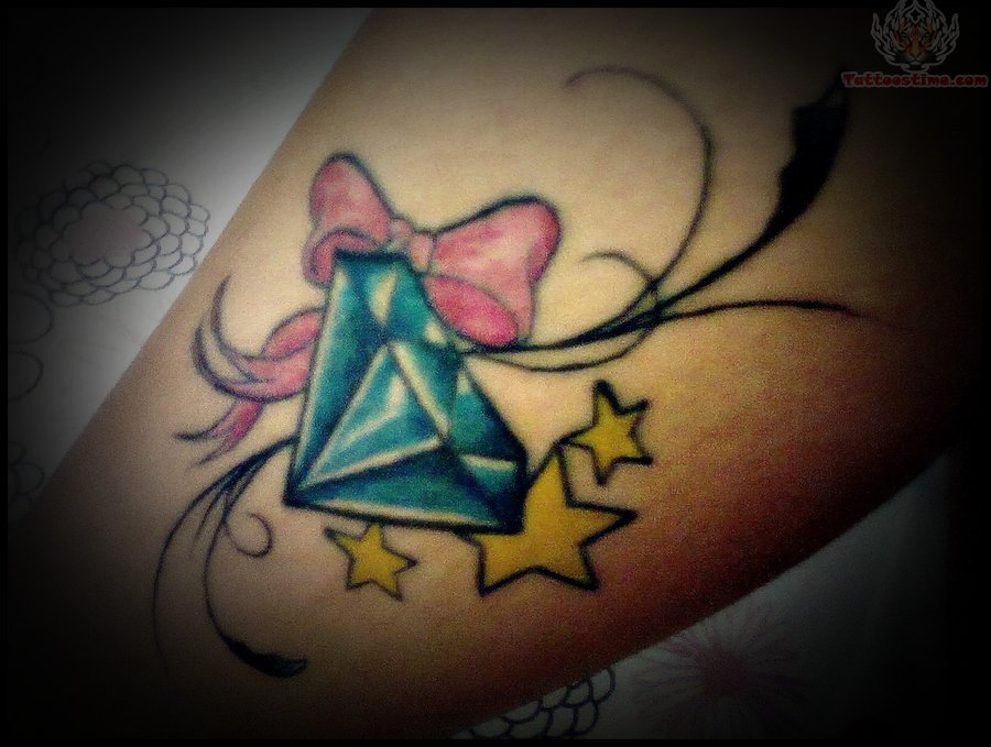 Yellow Stars And Diamond With Bow Tattoo