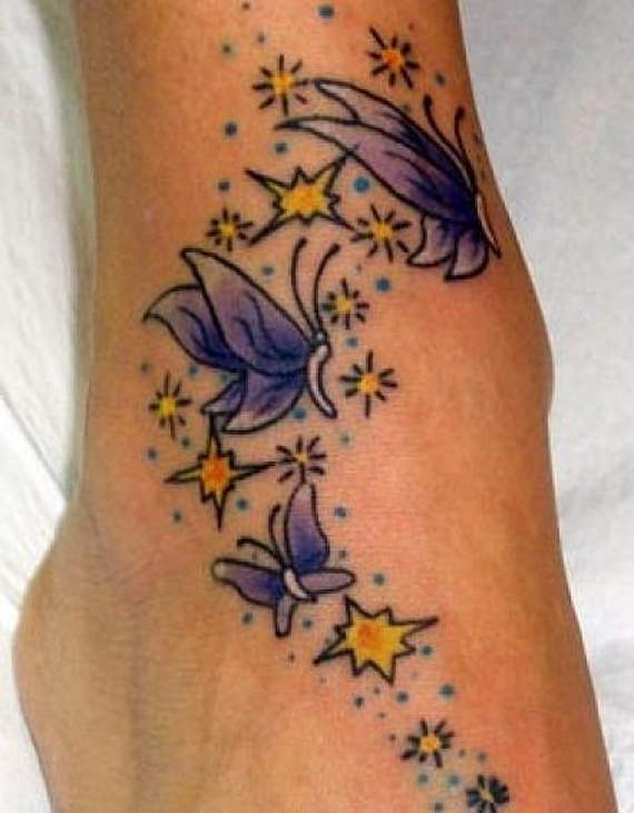 Yellow Stars And Purple Butterfly Tattoo On Ankle