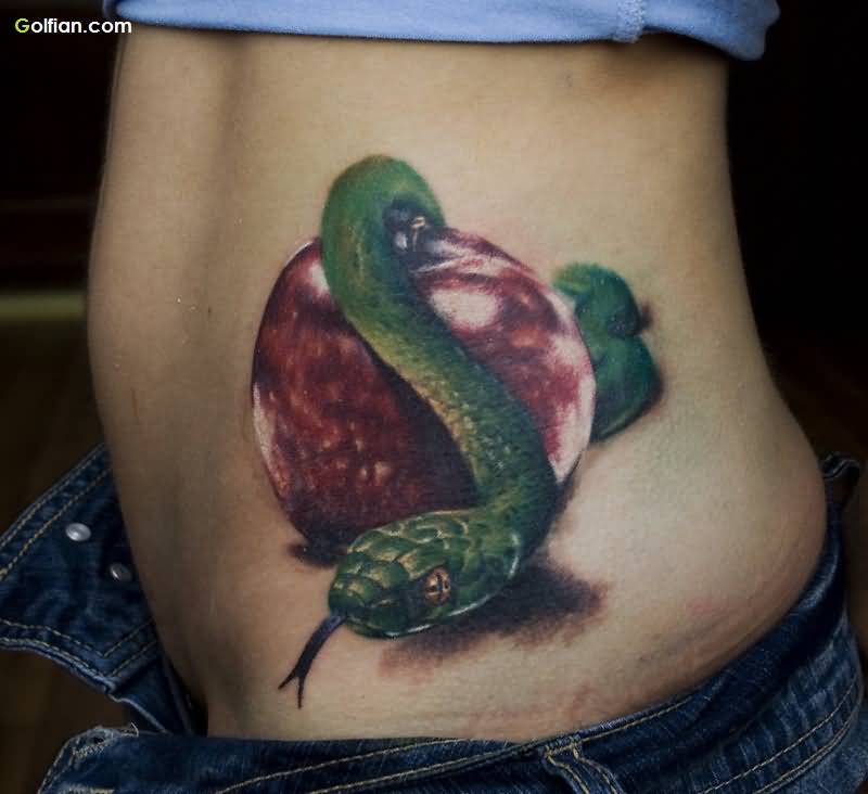 3D Apple With Snake Tattoo On Left Side Rib