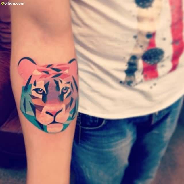 Abstract Aqua Tiger Head Tattoo On Right Forearm