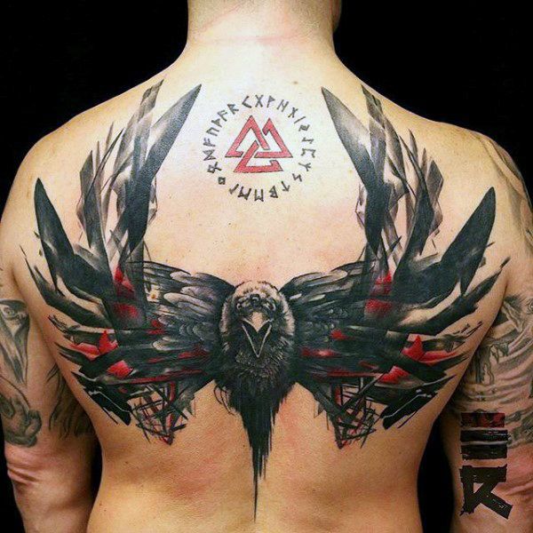 Abstract Black And Red Flying Crow Tattoo On Man Upper Back