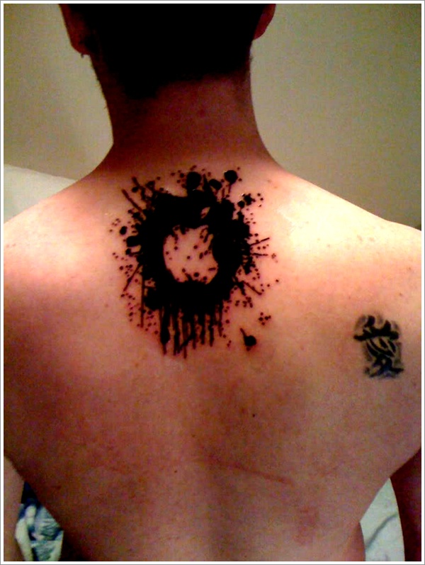 Abstract Black Ink Apple Tattoo On Man Upper Back