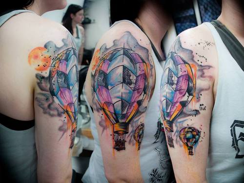 Abstract Watercolor Hot Air Balloon Tattoo On Right Shoulder
