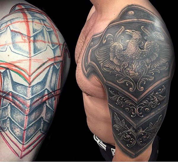Amazing Black Ink Armor Tattoo On Man Left Half Sleeve