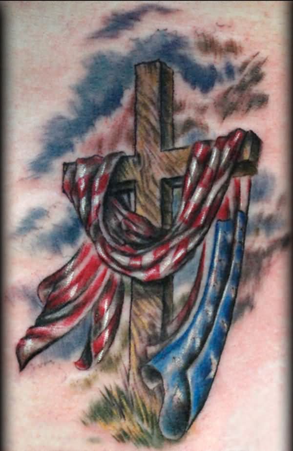 Amazing Cross With American Flag Tattoo Design