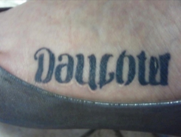Ambigram Daughter Tattoo On Left Foot