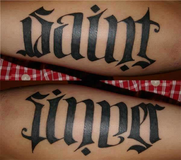 Ambigram Saint Sinner Tattoo Design For Sleeve