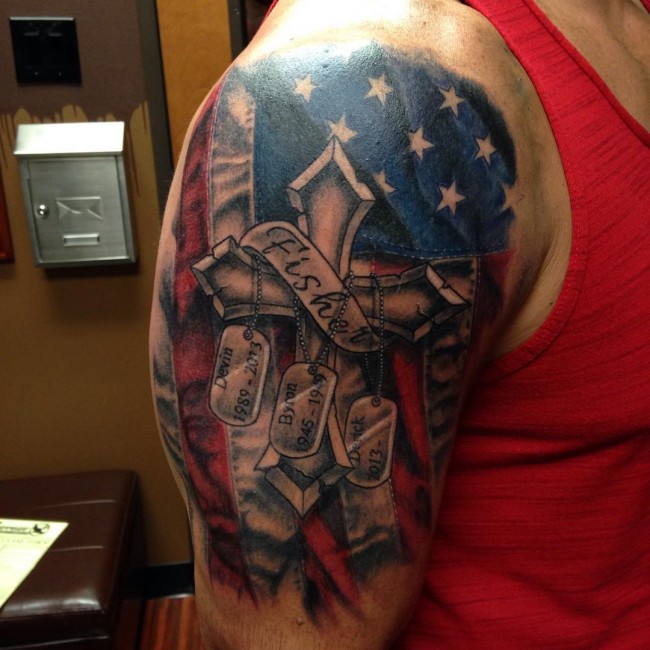 America Flag With Cross And Tags Tattoo On Right Shoulder