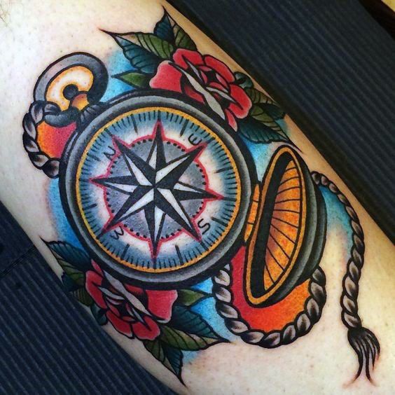 American Traditional Compass With Roses Tattoo Design For Sleeve By Bettie