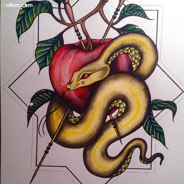 Apple With Snake Tattoo Design