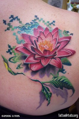 Aqua 3D Lotus Tattoo On Right Back Shoulder