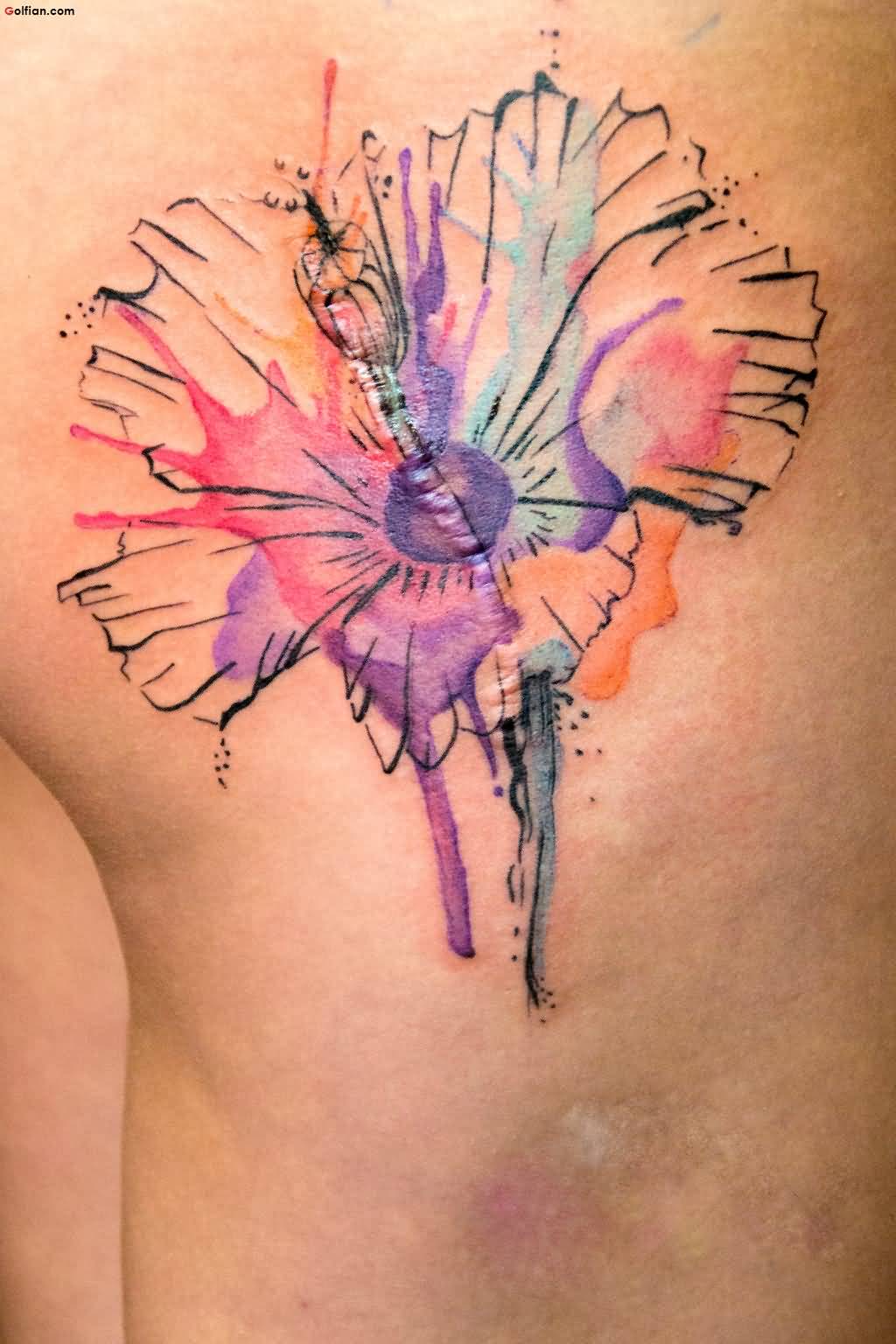 Aqua Colorful Flower Tattoo On Left Shoulder By Mentjuh