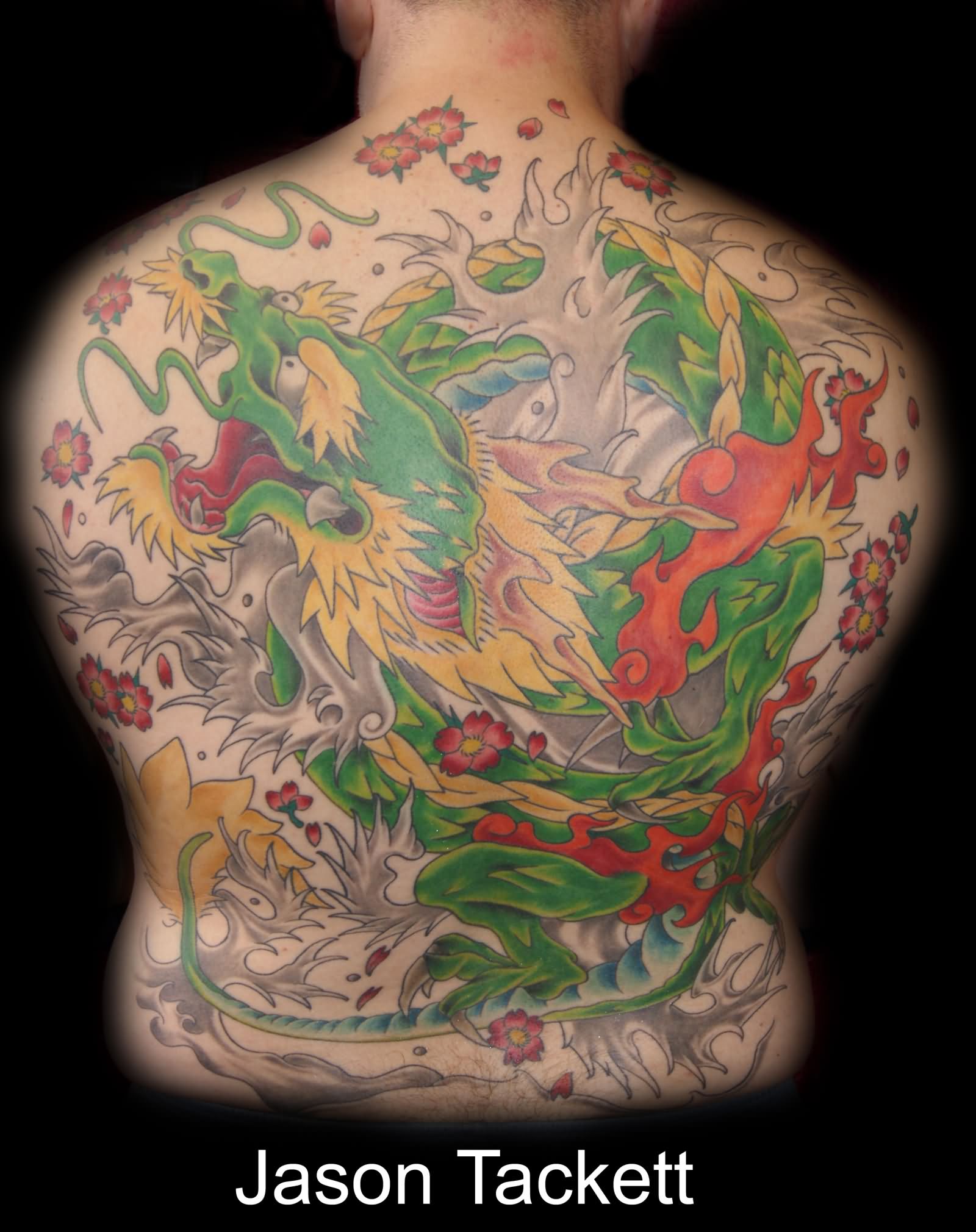 Aqua Dragon With Flowers Tattoo On Man Full Back