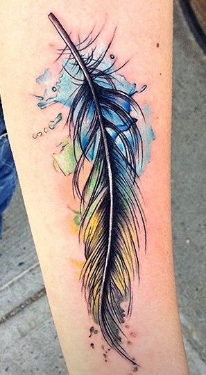Aqua Feather Tattoo On Forearm