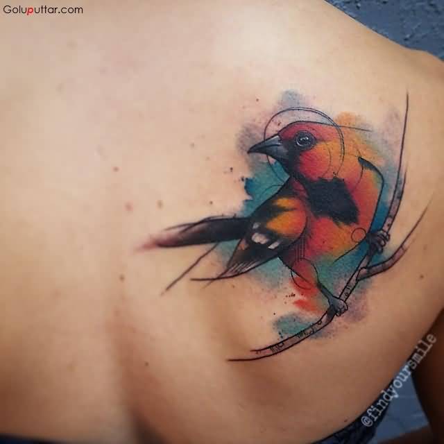 Aqua Flying Bird Tattoo On Right Back Shoulder
